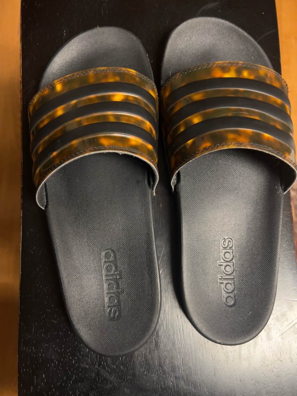 adidas Black Slides with Tortoiseshell-Pattern Straps
